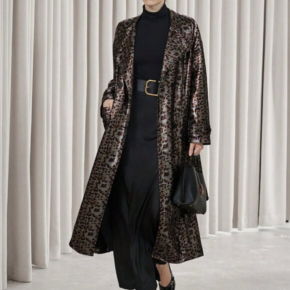 Multicolor Elegant Women's Leopard Print Faux Leather Trench coat / Jacket - Picture 7 of 8